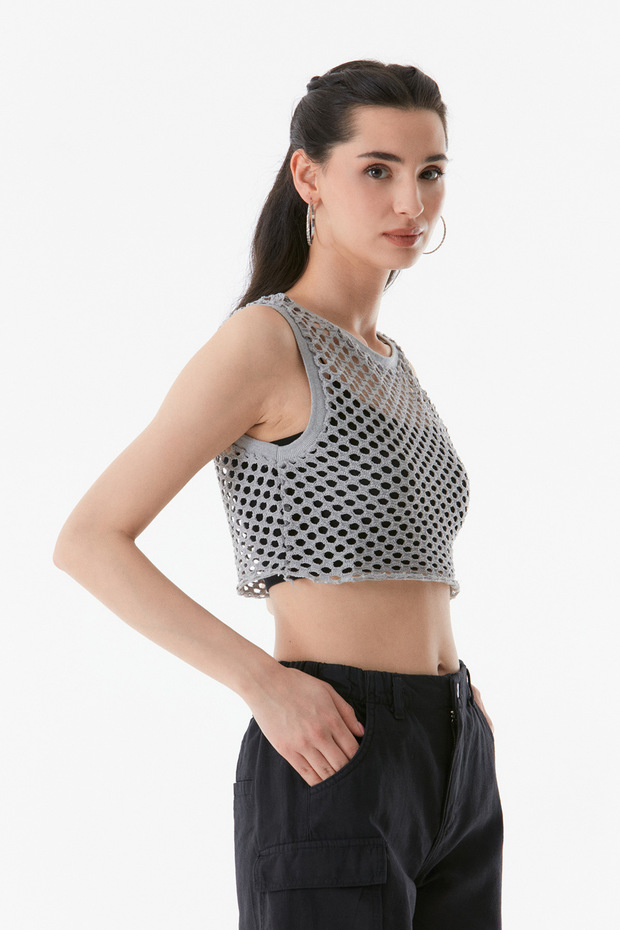 Openwork Crew Neck Crop Blouse - 2