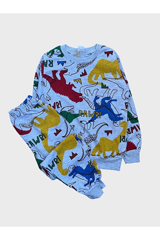 Boy's Cotton Gray Dinosaur Patterned Long Sleeve Seasonal Pajamas Set