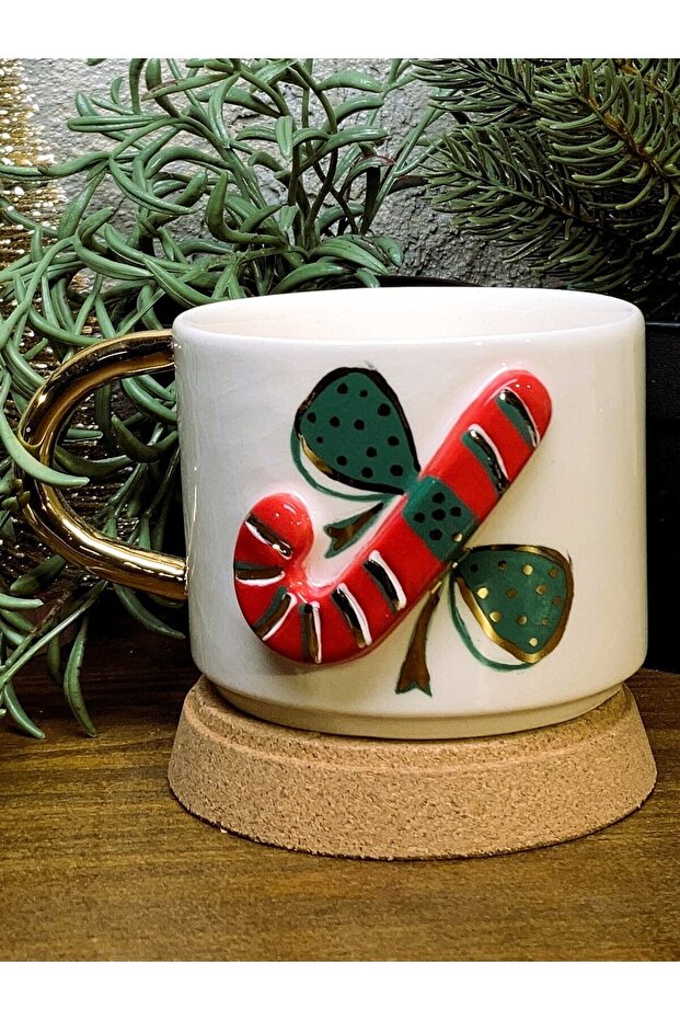24 Carat Gold Decorated, New Year's Eve Christmas Candy Cane Embossed, Handmade Gift Mug