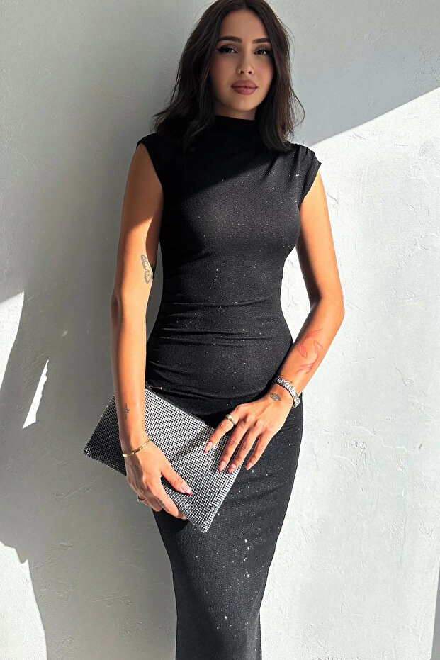 Drapeli Midi Boy Sim Detaylı Elbise - 6