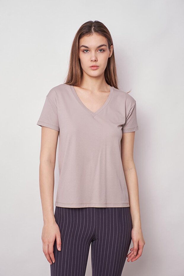 Women's V-Neck Short Sleeve Lycra Fabric Stylish T-shirt Blouse-Grey