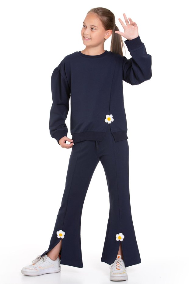 Crew Neck Long Sleeve Daisy Detailed Long Sleeve Navy Blue Color Girls' Tracksuit Set
