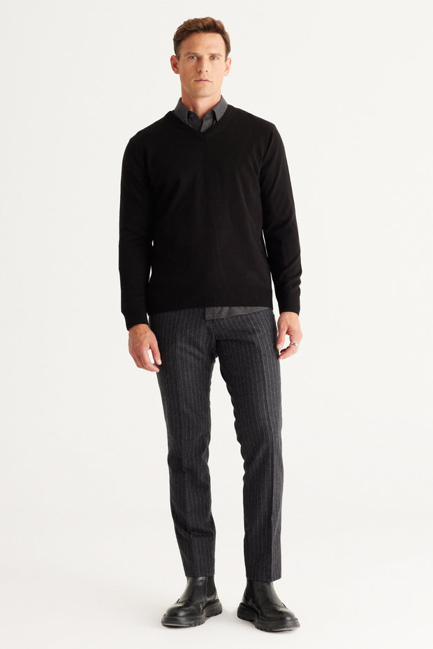 Erkek Siyah Tüylenme Yapmayan Anti-pilling Standart Fit Normal Kesim V Yaka Triko Kazak - 5