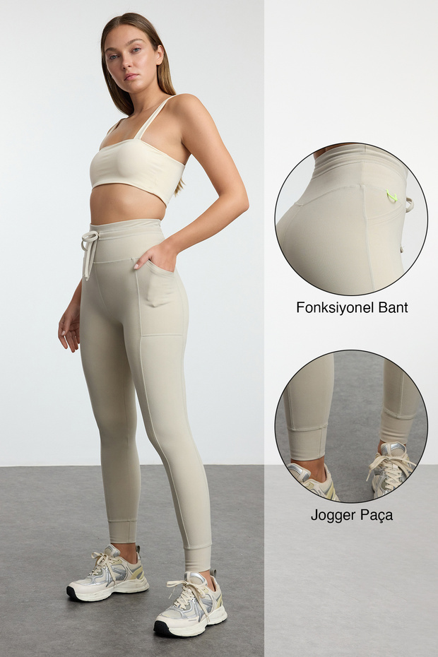 Taş Fırçalı Soft Kumaş Cep ve Bağlama Detaylı Tam Boy Örme Spor Tayt THMAW25TY00014 - 1