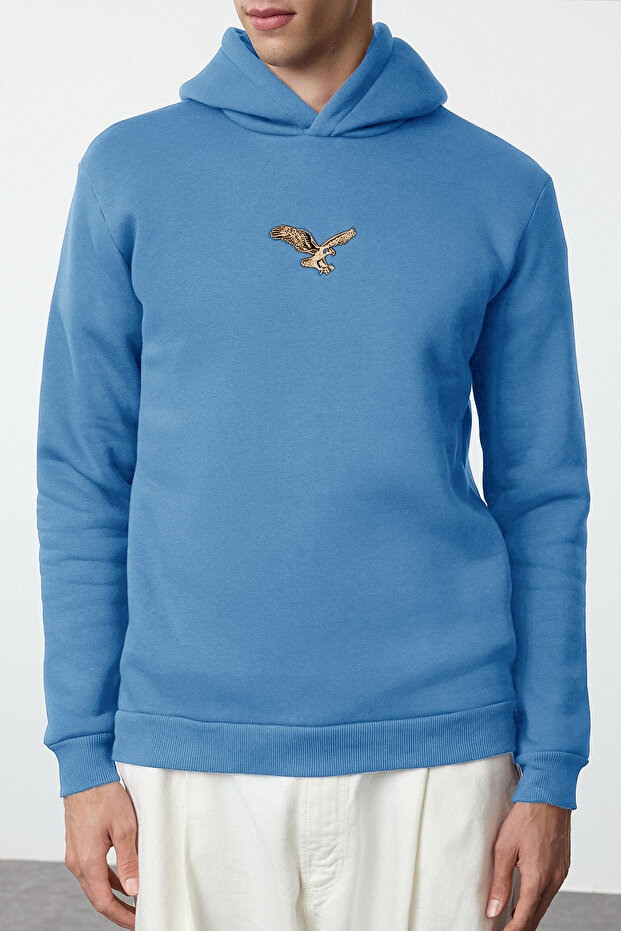 Mavi Regular/Normal Kesim Hayvan Nakışlı İçi Polarlı Kapüşonlu Sweatshirt TMNAW25SW00094 - 1