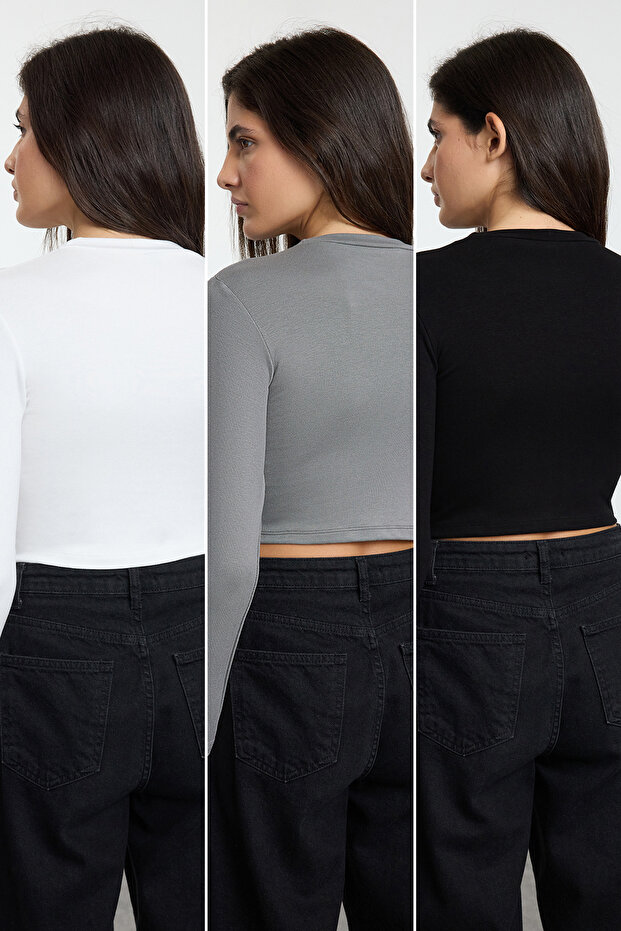 Siyah-Beyaz-Antrasit 3'lü Paket Crop Fitted/Vücuda Oturan Örme Bluz TWOAW25BZ00300 - 7
