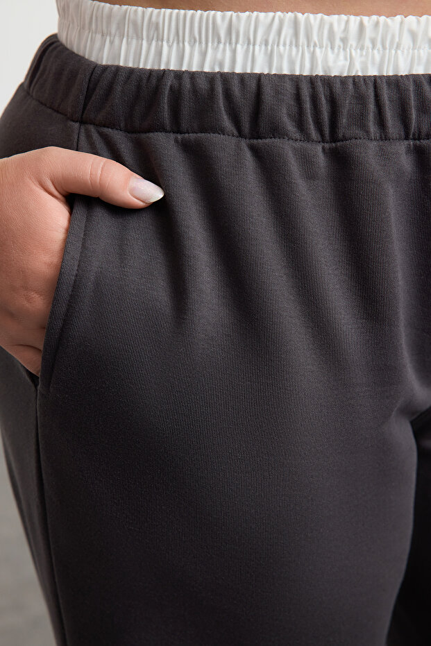 Antrasit Wide Leg Bel Detaylı Örme Büyük Beden Eşofman Altı TBBAW25AJ00005 - 4