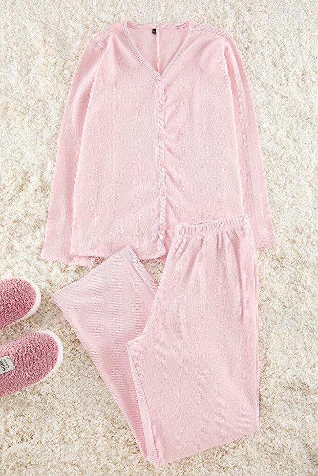 Pembe Fırçalı Soft Fitilli Hırkalı Örme Pijama Takımı TBBAW25AI00089 - 6