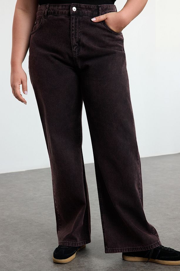 Bordo Yüksek Bel Geniş Paça Büyük Beden Wide Leg Jeans TBBSS24CJ00053 - 3
