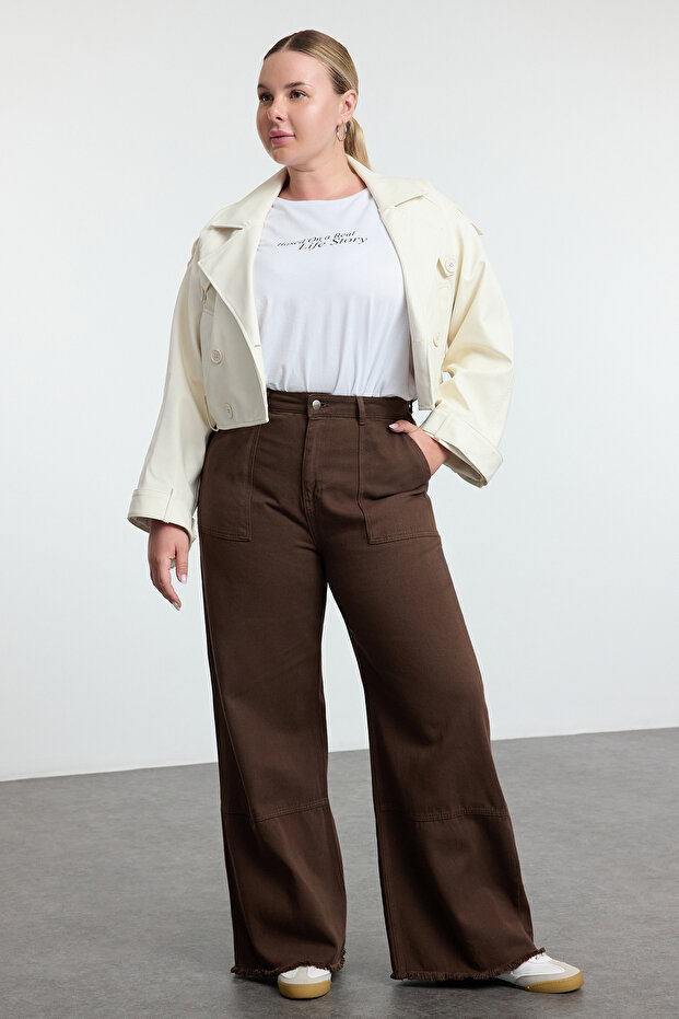 Kahverengi Yüksek Bel Geniş Paça %100 Pamuk Non-Stretch Büyük Beden Wide Leg Jeans TBBAW25CJ00001 - 1