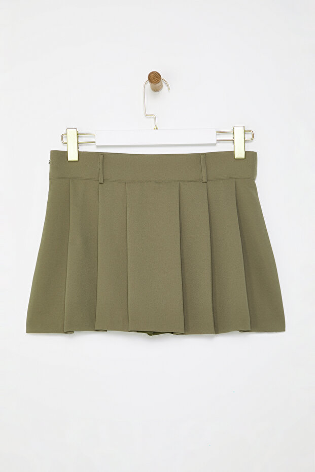 Haki Piliseli Orta Bel Süper Mini Dokuma Şort Etek TWOAW25SR00038 - 6