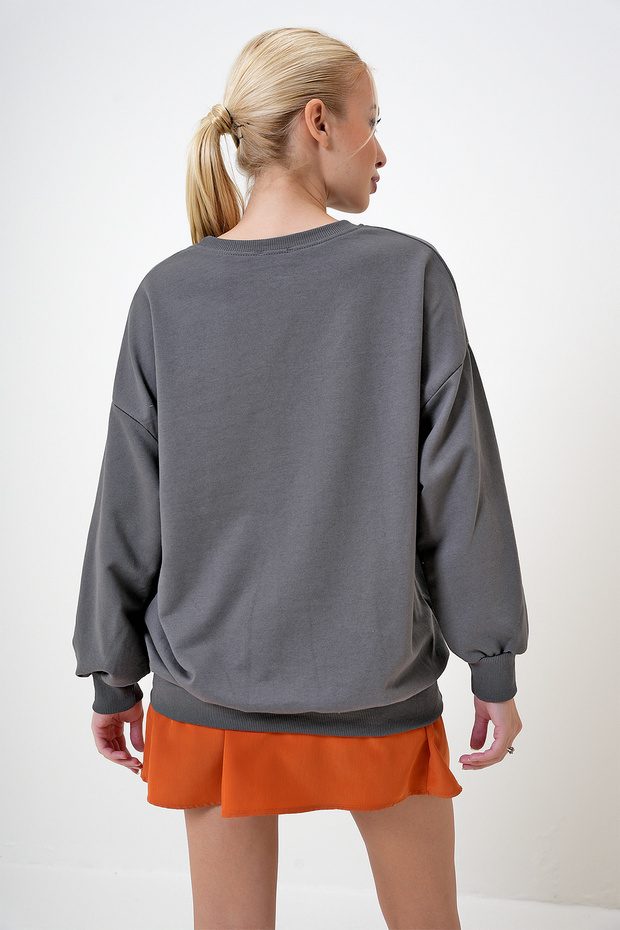 Kadın Antrasit Bisiklet Yaka Oversize Basic Sweatshit PRM1053 - 6