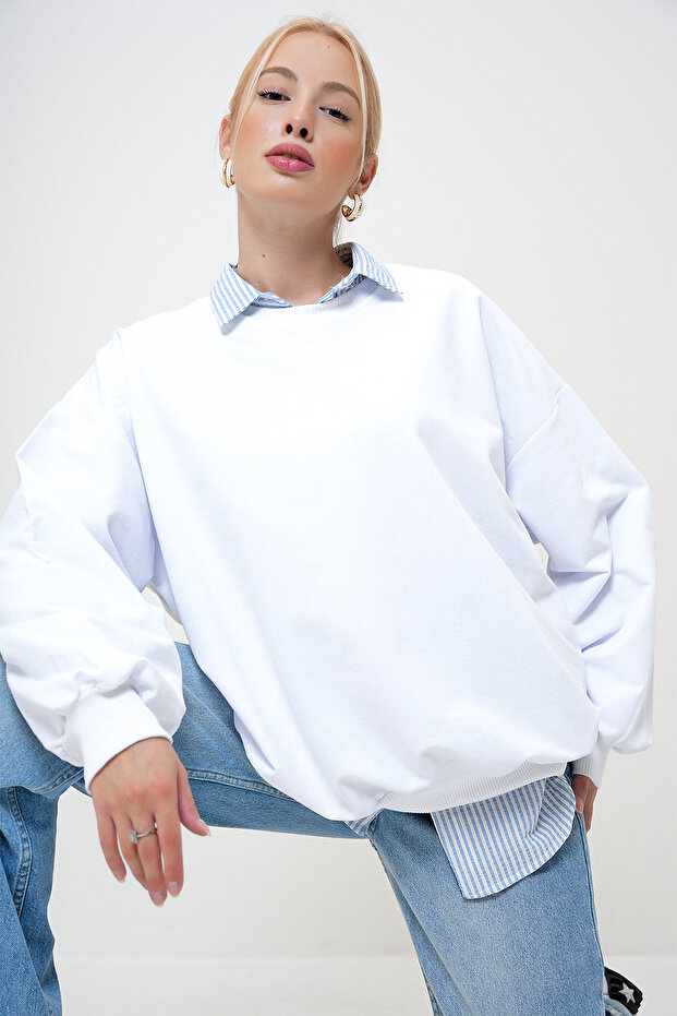 Kadın Ekru Bisiklet Yaka Oversize Basic Sweatshirt PRM1046 - 5
