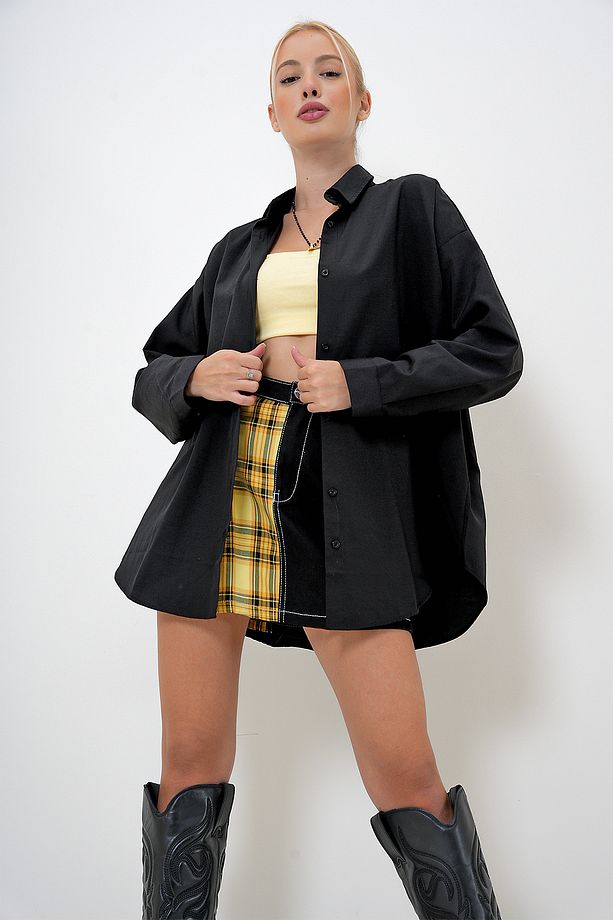 Kadın Siyah Oversize Uzun Basic Dokuma Gömlek PRM1098 - 2