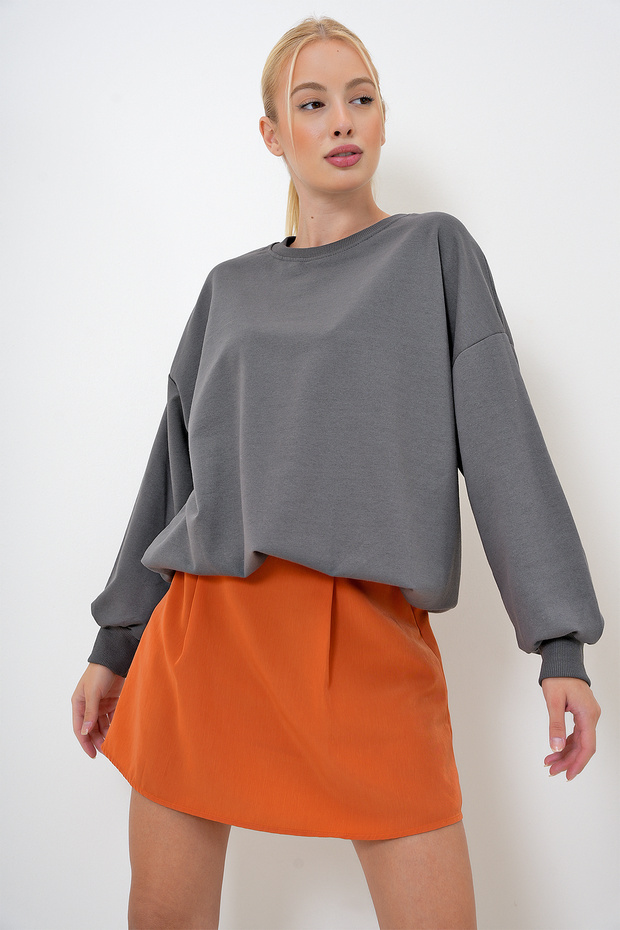 Kadın Antrasit Bisiklet Yaka Oversize Basic Sweatshit PRM1053 - 5