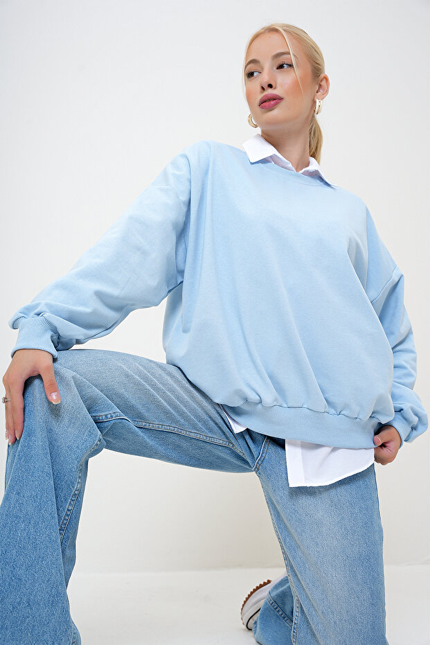Kadın Mavi Bisiklet Yaka Oversize Basic Sweatshirt PRM1046 - 5