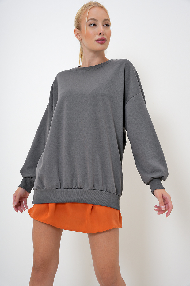 Kadın Antrasit Bisiklet Yaka Oversize Basic Sweatshit PRM1053 - 2
