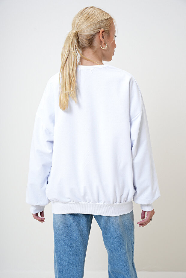 Kadın Ekru Bisiklet Yaka Oversize Basic Sweatshirt PRM1046 - 6