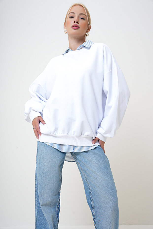 Kadın Ekru Bisiklet Yaka Oversize Basic Sweatshirt PRM1046 - 3