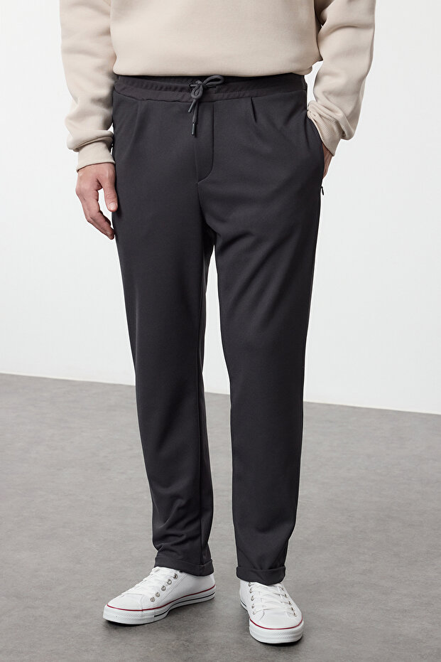 Antrasit Slim Fit Beli Bağlamalı Lastikli Örme Rahat Pantolon TMNAW25PL00023 - 1
