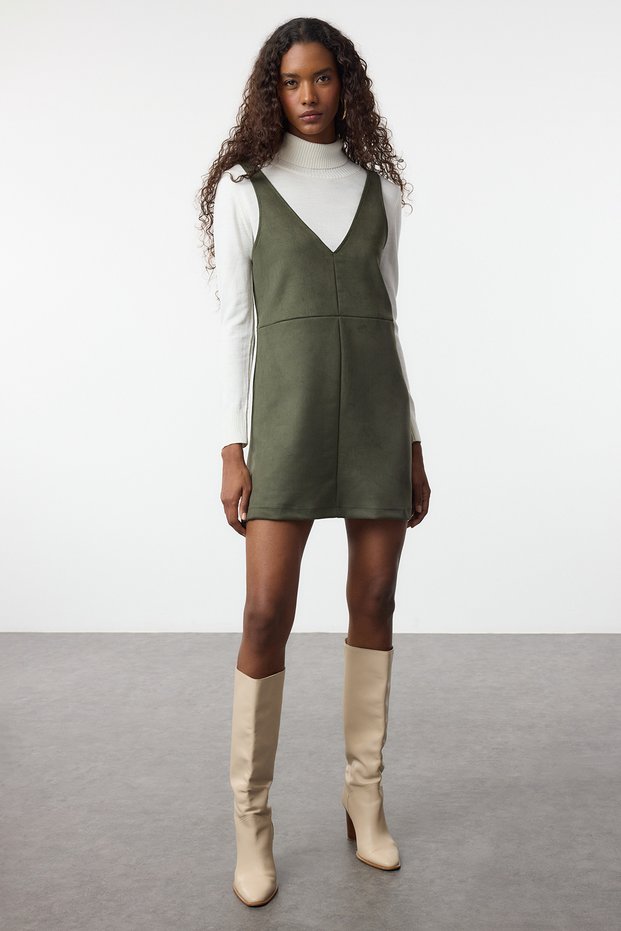 Khaki V-Neck Gilet Suede Mini Knitted Dress Twoaw24El00543