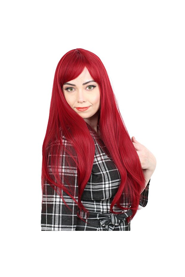 شعر مستعار طويل مستقيم من الألياف مع غرة / أحمر - 3