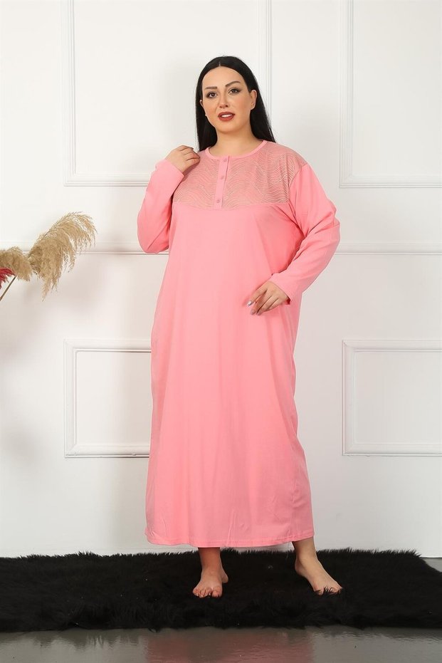 Fashion Stripe Big Long Sleeve Lace Salmon Mother Nightgown 1355