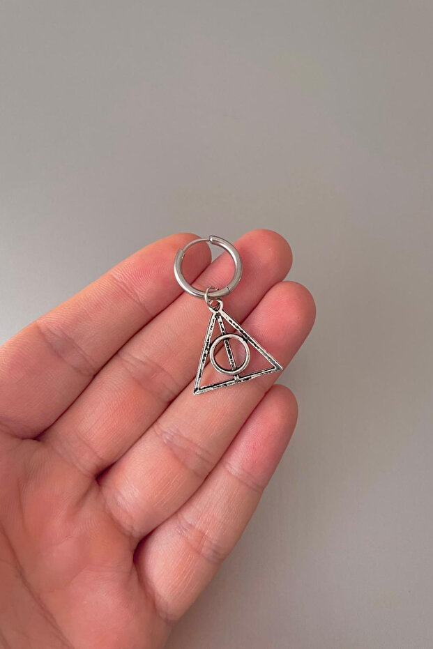 Unisex Silver Deathly Hallows Figured Steel Hoop Earrings