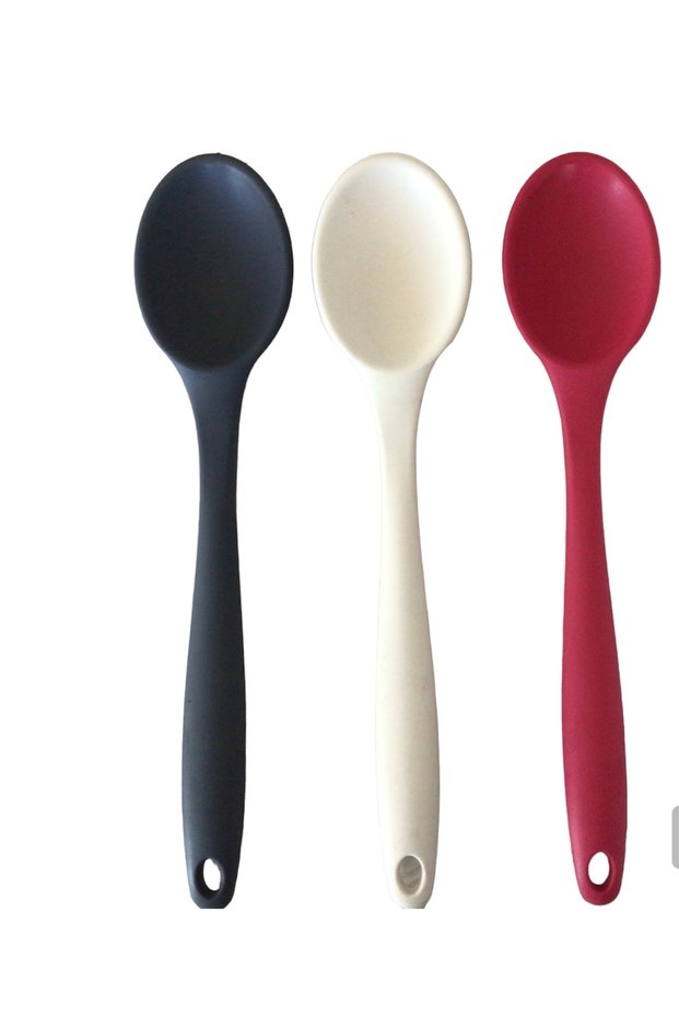 Bybirgül Large Size Fireproof Non-Stick Silicone 3-Piece Spoon Spatula Set, White+Red + Anthracite Color 3 Pieces