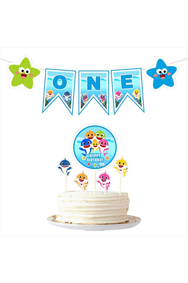 Baby Shark 1 Year Old Birthday Flag - Cake Decoration Set