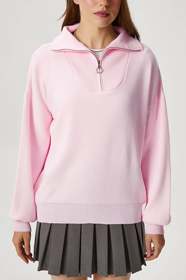 Kadın Bruno Basic Fermuarlı Pembe Kazak - 4