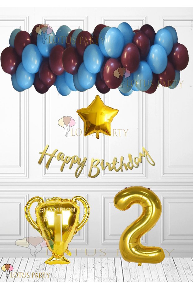 Burgundy Blue Balloon Fan Birthday Set - Mug Foil Balloon - Age 2