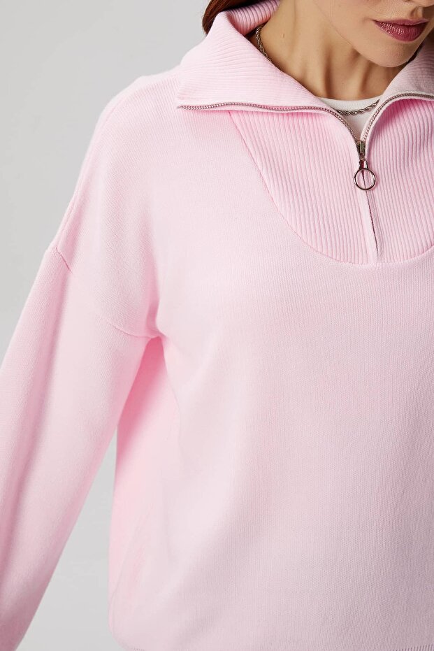 Kadın Bruno Basic Fermuarlı Pembe Kazak - 5