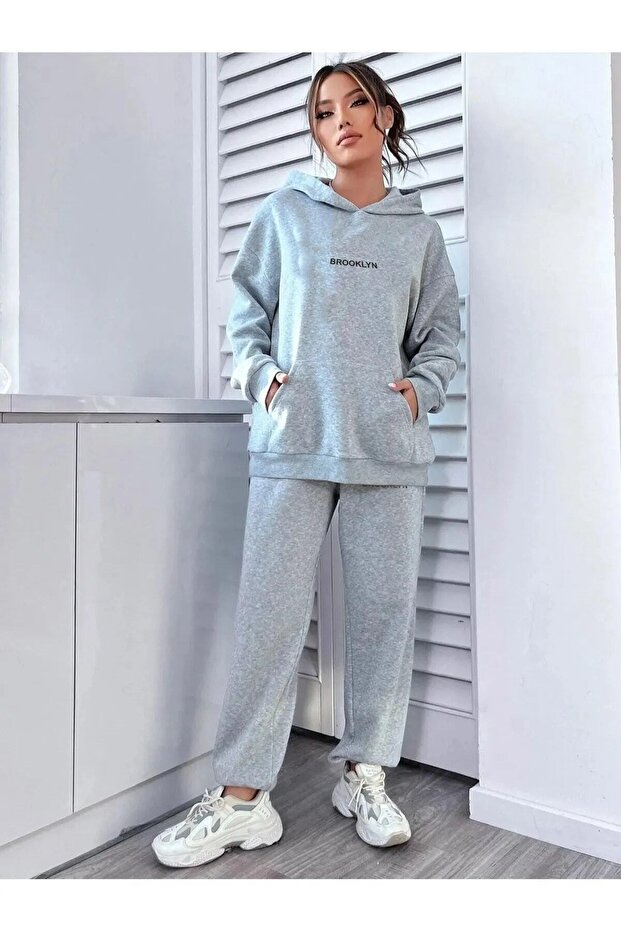 Women's Brooklyn Printed Hooded Sweatshirt Tracksuit Bottom Top Set
