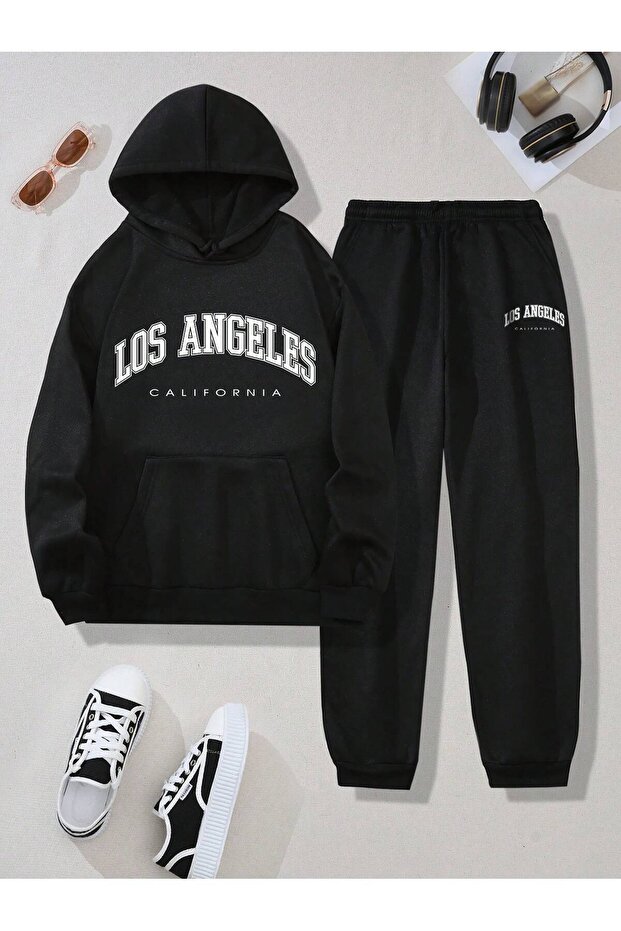3 Thread Los Angeles Sweatshirt Sweatpants Jogger - Black Printed Bottom Top Sweatpants Set with Hood