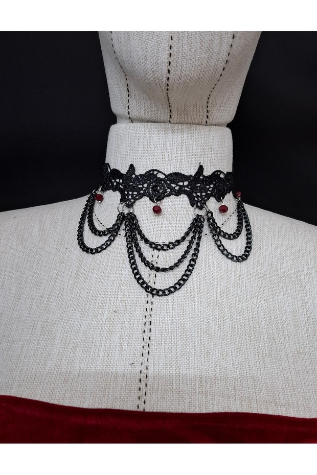 Zeta2 Lace Detailed Chain and Stone Neck Collar Black