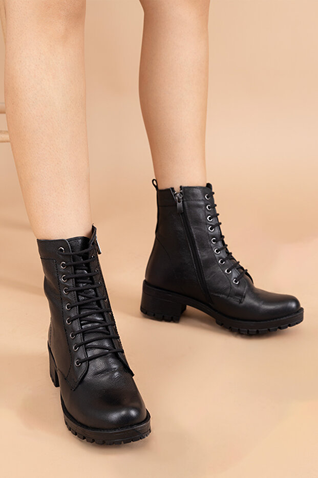 Febra Kadın Hakiki Deri Kalın Tabanlı Siyah Postal Bot - 5