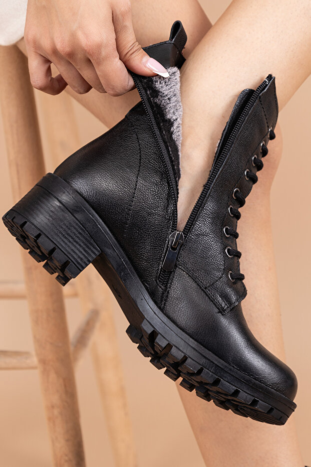 Febra Kadın Hakiki Deri Kalın Tabanlı Siyah Postal Bot - 7