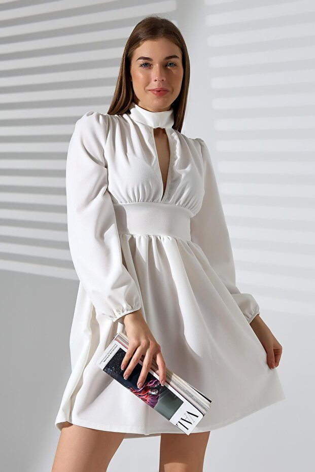 White Long Sleeve Chest Cutout Zippered Crepe Fabric Dress