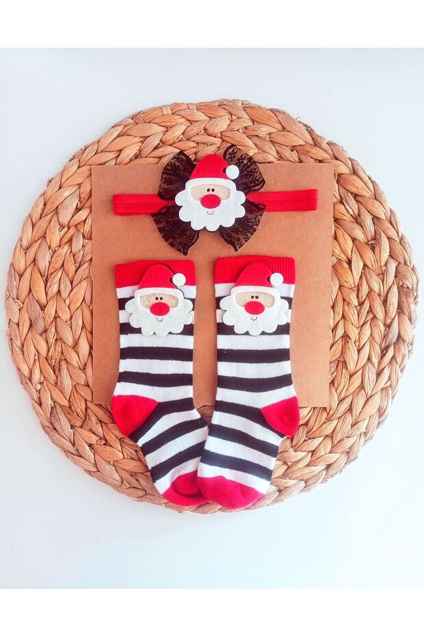 Baby Girl Santa Claus Felted Striped Knee Socks and Headband Set
