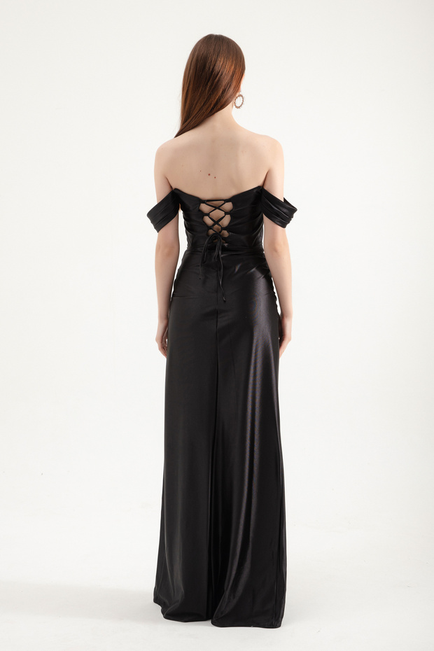 Rochie de seară lungă, neagră, cu decolteu barcă - 5