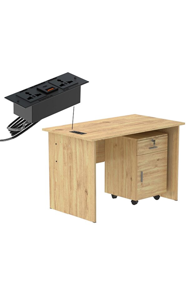 MP1 100x60 Writing Table with Drawers - Oak with Black BS01 Desktop Socket
