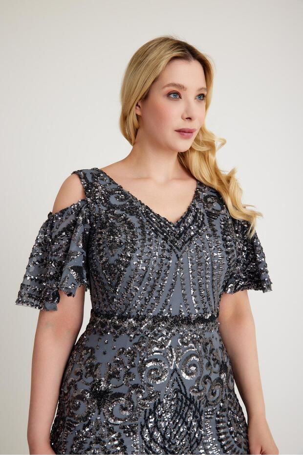 5645PAY PAYETLİ ABİYE ELBİSE - 3