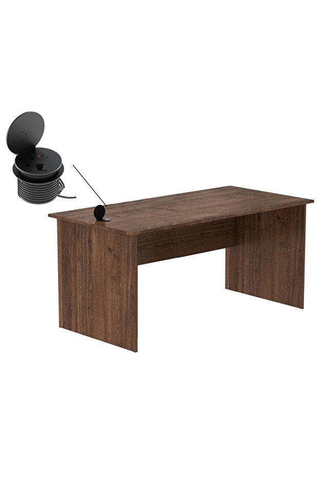 Modern Writing Study Table With Round Desktop Power Module - Brown