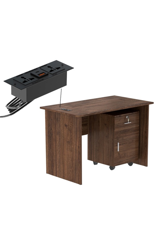 MP1 100x60 Brown Writing Table With Drawers and Black BS01 Desktop Socket USB AC Port