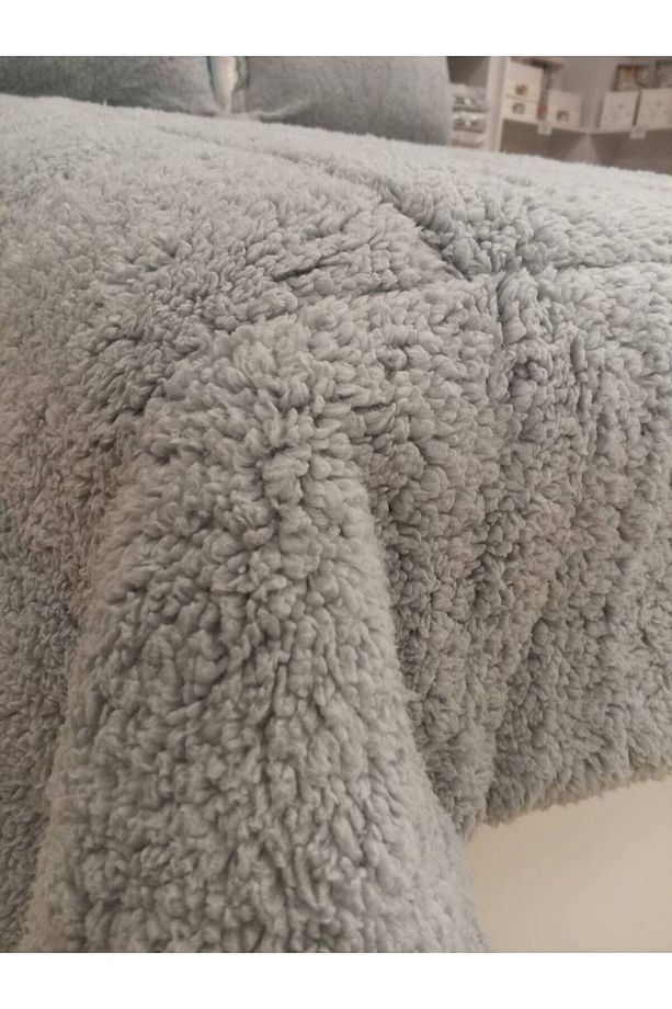 Çift Kişilik Kuzu Yünü Postu Peluş Kalın Comforter Yorgan Seti Gri - 2