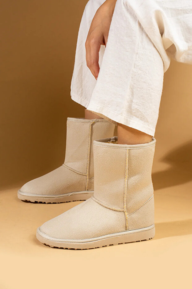 Women's Beige Suede Long Boots with Fur Inside Flat Comfortable Sole Shoes