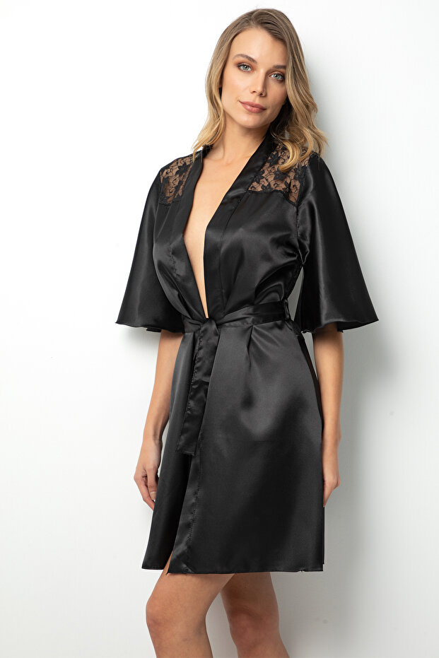 Saténový župan s krajkou na zádech - 8