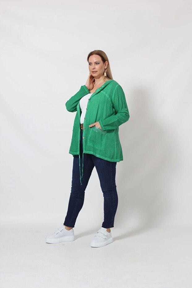 B027 Cebi Pullu Kapüşonlu Gömlek Yeşil - 3