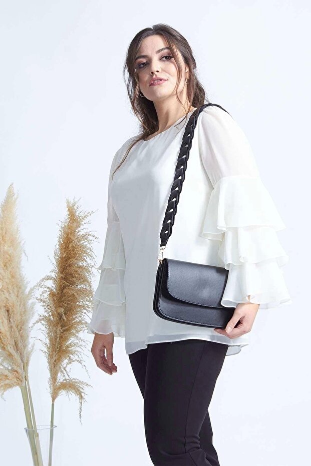 28009 Large Size Blouse with Ruffled Sleeves Ecru